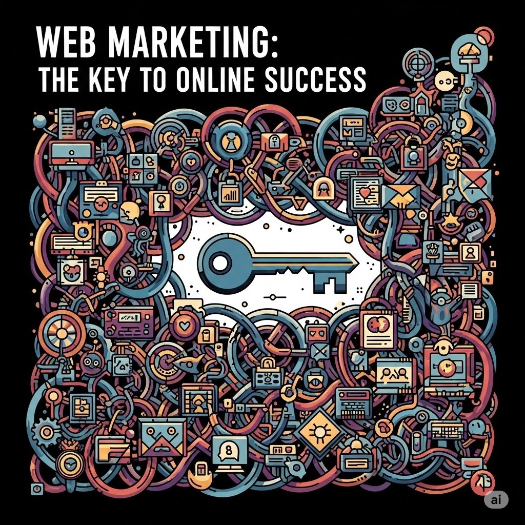 Un'illustrazione che rappresenta diverse strategie di web marketing con icone di SEO, social media e analytics